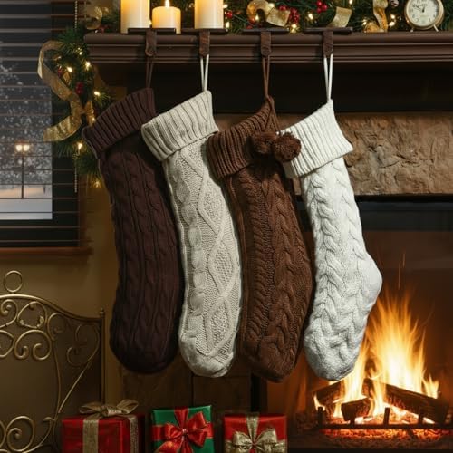 Shyyween 4 Pack Cable Knit Christmas Stockings 18 Inch Farmhouse Large Rustic Neutral Knitted Stockings Ornaments Hanging Xmas Decorations for Family Holiday Party Decor(Stylish Style) - Image 4