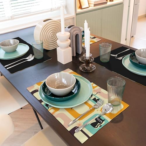 Mid-Century Black Cat Placemats Set of 6, Vintage Starburst Atomic 1950s Abstract Geometric Pattern, Washable, Non-Slip, Heat Resistant, 12x18 Inches - Image 4