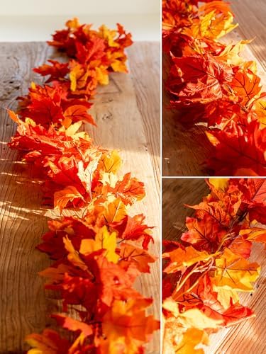 6PCS Yellow-Red Fall Maple Leaves Garland, 5.6Ft Artificial Maple Leaf Autumn Garland Hanging Fall Vines Table Decorations Front Door Fall Decor Thanksgiving Decorations Decor Outside Indoor Decor - Image 3