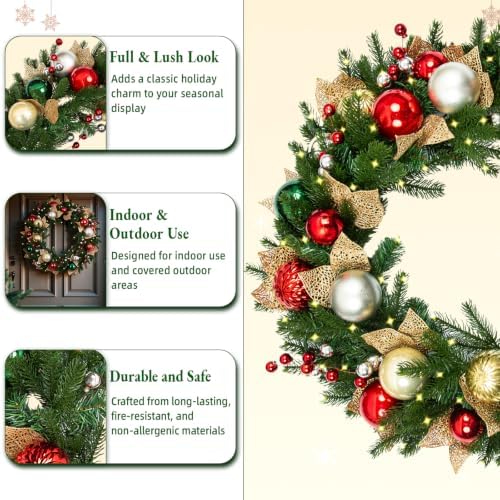 Hykolity 32 Inch Pre-Lit Christmas Wreath with 60 Warm White LED Lights and Timer, Battery Operated Artificial PE & PVC Wreath with Multicolor Ornaments and Glittered Gold Leaves for Front Door - Image 2