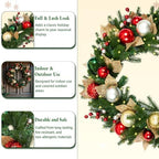 Hykolity 28 Inch Pre-Lit Christmas Wreath with 50 Warm White LED Lights and Timer, Battery Operated Artificial PE & PVC Wreath with Multicolor Ornaments and Glittered Gold Leaves for Front Door - Image 2