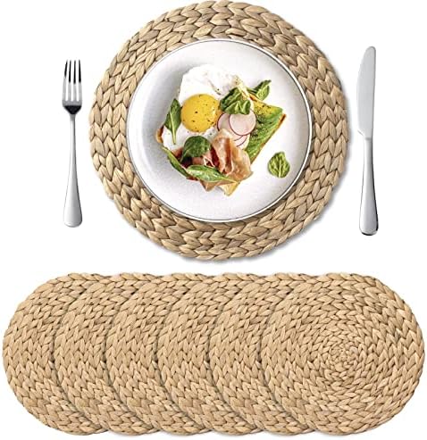 6 Pack 13.8" Woven Placemats, Natural Hand-Woven Water Hyacinth Placemats, Round Braided Rattan Tablemats for Dining Table, Large Weave Round Place Mats Heat Resistant Non-Slip Table Mats, 13.8 Inch by IVAILEXUS