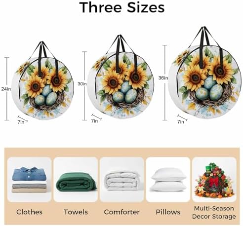 Easter Eggs Nest Round Storage Bag 24 Inch, Watercolor Green Egg Spring Sunflowers Floral Leaf Clothes Storage Container with Handles Heavy Duty Organizer for Comforter, Bedding & Holiday Wreaths - Image 7
