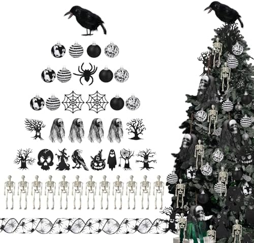 Halfchet 43 Pcs Halloween Hanging Tree Ornaments Decorations Skeleton Skull Ghost Realistic Crow Ball Hanging Ribbon Spider for Halloween Party by JaaMiin