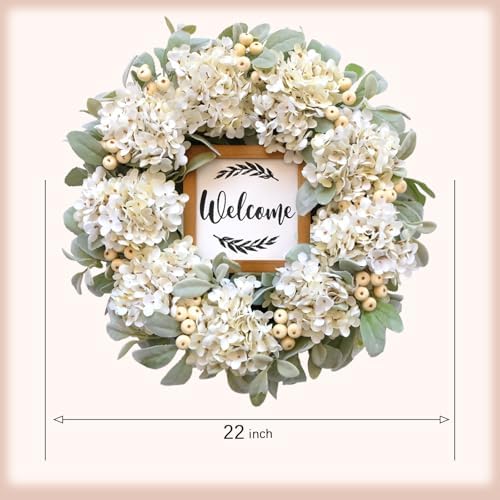Year Round Wreaths for Front Door 22 Inch, Spring/Summer Wreath with Hydrangeas Lamb's Leaves Berries Welcome Board for Holiday Farmhouse Home Indoor Outdoor Wedding Party Wall Window Decor - Image 3