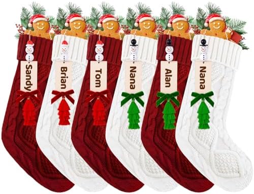 6 Pack Christmas Stockings 18 Inch Cable Knit Stockings with Personalized Snowman Name Tags, Red and White Large Xmas Hanging Stockings with Velvet Bows for Fireplace Mantel Holiday Family Decor by Unknown