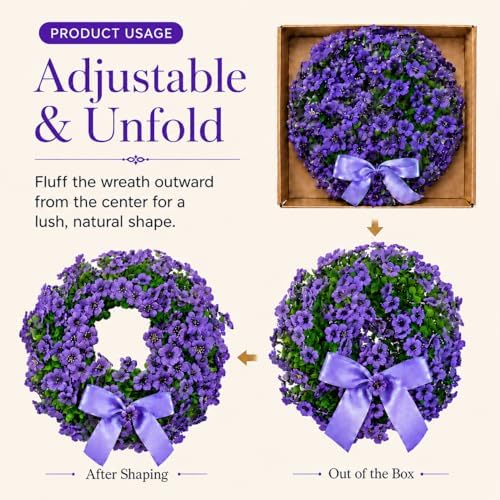 18" Purple Artificial Wreath for Front Door - All Season Faux Floral Wreath with Elegant Silk Bow for Spring Summer Wall Window Farmhouse Decor, Ideal Wedding - Image 6