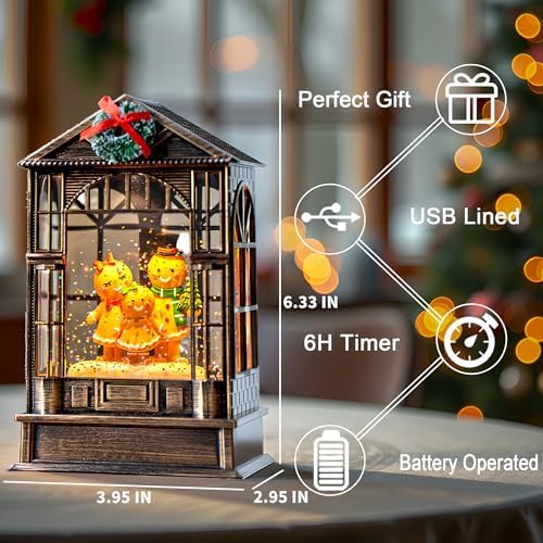 Christmas Snow Globe, Lighted Gingerbread Man Family Scene, Musical Snow Water Lantern Swirling Glittering Holiday Decoration and Gift for Family Children or Friends - Image 2