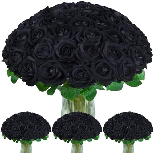 100Pcs Black Roses Artificial Flowers, Real Touch Velvet Fake Roses Bouquet by BLEUMCADE