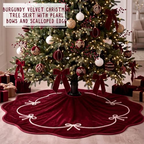 Foilswirl 48 Inch Burgundy Velvet Christmas Tree Skirt, Scallop Dedge - Image 4