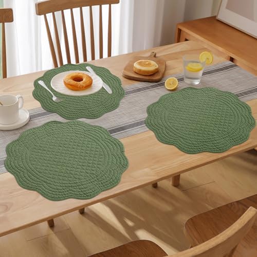 HOMBYS Quilted Placemats Set of 6 Washable Round Placemats for Kitchen Table-100% Cotton Fabric 14 Inch Round Table Mats, Cotton Fabric with Microfiber Filling (14"x14", Emerald Green) - Image 6