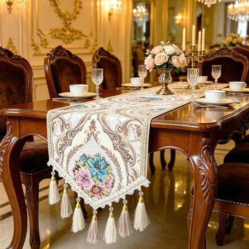 Vintage Jacquard Table Runners 94" White French Floral with Multi-Tassels - Image 5