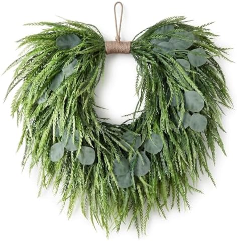 Artificial Wreath for Front Door, Faux Saw Grass Fake Eucalyptu Greenery Hanging Heart Shaped Wreath for Wall, Farmhouse, Window, Home Decor by Unknown