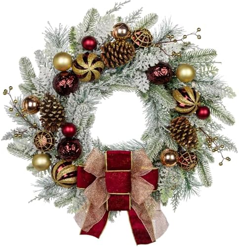 24" Christmas Wreath for Front Door Artificial Unlit Winter Wreath with Pine Cones, Berry Clusters, Burgundy Ball Ornaments and Ribbon for Thanksgiving Holiday Christmas Decoration by Arborus