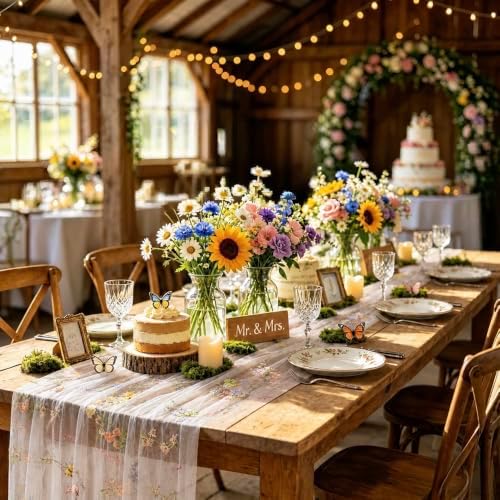 3Pcs Floral Cheesecloth Table Runner, Ivory White Table Runner 10Ft - Image 2