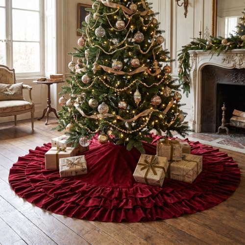 Hollowfly 48 Inch Ruffled Velvet Christmas Tree Skirts Burgundy Tree Skirt - Image 6