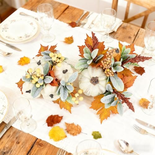 2 Pack Larger Fall Pumpkin Decoration in Wood Box Artificial Pumpkins Tables Centerpieces Faux Gourd Berries Maple Leaves for Autumn Thanksgiving Dining Harvest Mantel Home Indoor Decor - Image 5