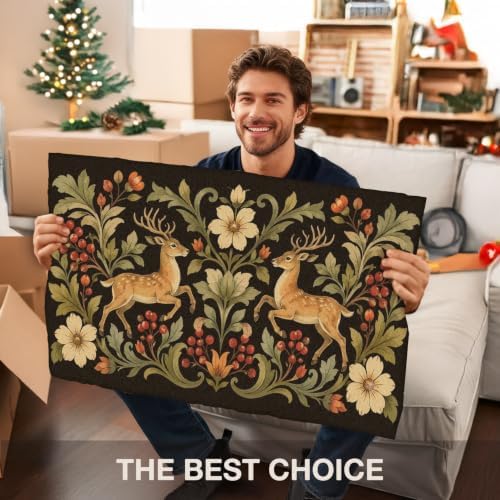 Boho Deer Floral Faux Coco Coir Doormat Door Mat 17x30 Inch - Image 4