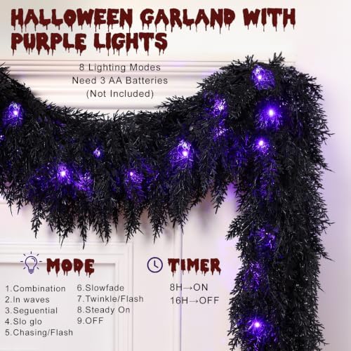 9FT Black Halloween Garland with Lights Realistic Prelit Christmas Garland - Image 4