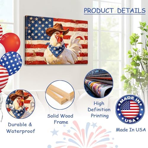 July 4th Patriotic Canvas Wall Art 4th of July USA Decorations Vintage American Flag Chicken Painting Roosters Chickens Picture Wall Decor Independence Day Home Decor 24x32in - Image 4