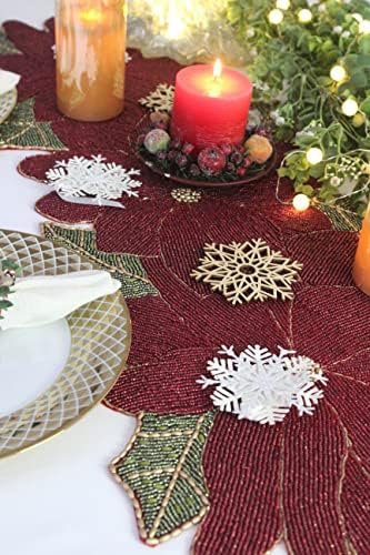 COTTON CRAFT Christmas Beaded Table Runner -13x36 inch Poinsettia Red Green - Image 5