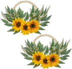 DILATATA 10" Artificial Floral Wood Bead Wreaths, 2 Pack Sunflower Eucalyptus Leaves, Boho Farmhouse Wall Decor, Front Door Porch Decor, Indoor/Outdoor by DILATATA