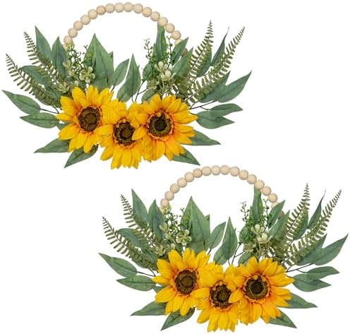 DILATATA 10" Artificial Floral Wood Bead Wreaths, 2 Pack Sunflower Eucalyptus Leaves, Boho Farmhouse Wall Decor, Front Door Porch Decor, Indoor/Outdoor by DILATATA
