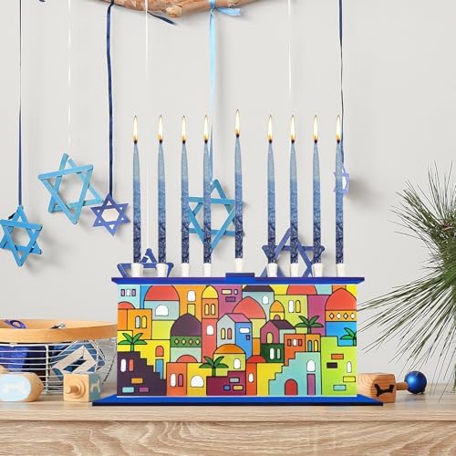 The Dreidel Company Jerusalem Design Glass Candle Hanukkah Menorah, Handcrafted Design, 11 Inch - Image 5