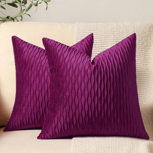 DEZENE 24x24 Purple Throw Pillow Cases: Pack of 2 Vertical Ripple Striped Velvet Square Decorative Pillow Covers for Farmhouse Couch Sofa Bed Living Room Home Decor by DEZENE