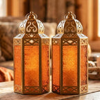 VELA LANTERNS 12" Metal Moroccan Decorative Candle Lantern Holders for Hanging or Table, Indoor Home Decor, Outdoor Patio or Porch, Weddings, Gold, Amber Glass, Large, Set of 2 - Image 2