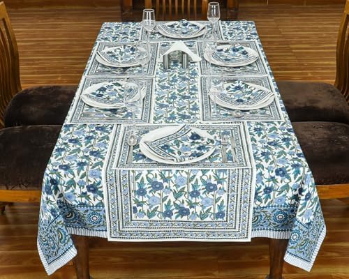 72x72 Inches Square Hand Block Printed Cotton Tablecloth, Blue Green Floral Table Cloths Washable, Indian Table Linen for Halloween Christmas Outdoor Thanksgiving Gifts Home Decor Dinning Outdoor - Image 2