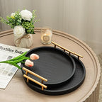 Decorative Serving Trays, Set of 2 Wood Modern Crocodile Leather Round Tray with Polished Metal Handles, Decorative Trays Coffee Table Tray Ottoman Platter for Home Decor (Black) - Image 6