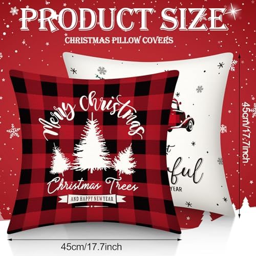 Ganeen 12 Pcs Christmas Pillow Covers Red and Black Buffalo Plaid 18 x 18'' Merry Christmas Throw Pillow Covers Farmhouse Cushion Pillow Case for Home Winter Holiday Couch Decor - Image 2