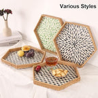 Hexagon Rattan Tray with Mother of Pearl Inlay, Rattan Serving Tray for Coffee, Bread, Fruits, Snacks, Decorative Wicker Tray for Table Decor, Home Decor (Black Checker, 14.5"×12.8") - Image 3