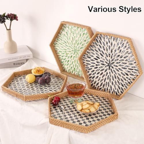 Hexagon Rattan Tray with Mother of Pearl Inlay, Rattan Serving Tray for Coffee, Bread, Fruits, Snacks, Decorative Wicker Tray for Table Decor, Home Decor (Black Checker, 14.5"×12.8") - Image 3
