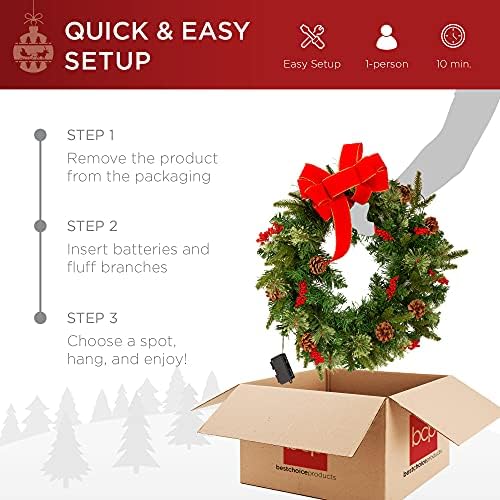 Best Choice Products 30in Pre-Lit Battery Powered Christmas Wreath Artificial Pre-Decorated Holiday Accent w/ 100 Lights, 276 PVC Tips, Ribbons, Pine Cones - Image 5