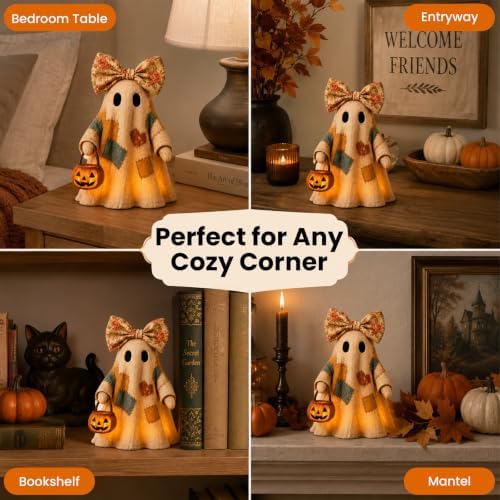 Lighted Vintage Patchwork Ghost Halloween Decor with Light-Up Pumpkin Pail, Tabletop Figurine for Mantel Shelf Entryway (1PC) - Image 5