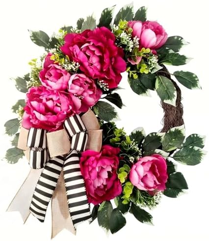 vofuly Spring Summer Wreath for Front Door,hot Pink Peony Wreath with Bow by Vofuly