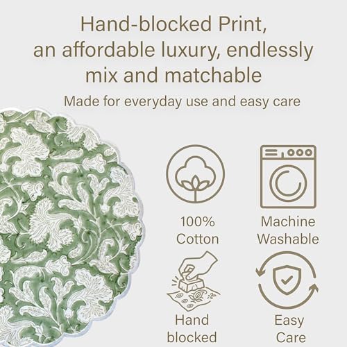 Ridhi Bo-ho Round Place Mat Double Layer Floral Cotton Washable Placemats 15" Round Embroidery Block Print Table Mat (Pack of 4-15 Inch Round, Sage Green) - Image 6
