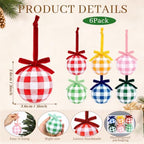Thenshop 6 Pcs Gingham Plaid Glass Christmas Tree Ornament with Velvet Bow - Image 2