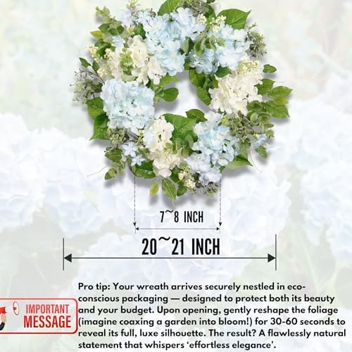 Spring Wreath Artificial Hydrangea Eucalyptus 20IN, Light Blue White Green, Spring Easter Summer Front Door Wall Décor - Image 7