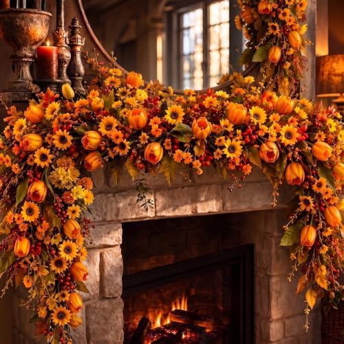Suncalla 6ft Fall Garland for Mantle, Autumn Artificial Tulip Daisy Garland by Unknown