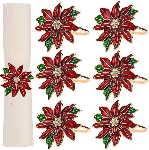 Christmas Napkin Rings Set of 6 Poinsettia Napkin Rings Christmas Napkin Holder for Cloth Napkins by FSMILING