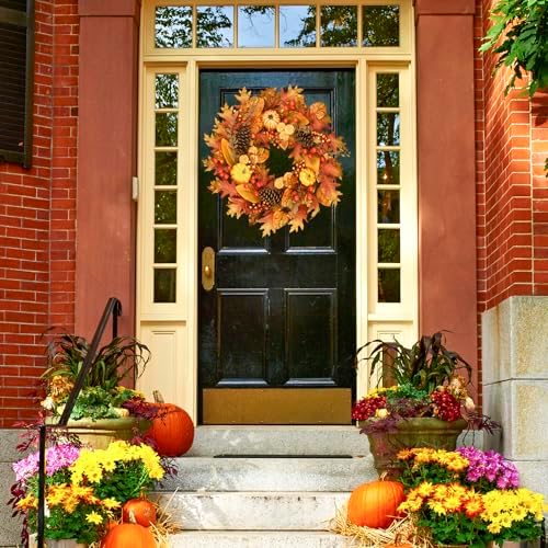26" Fall Wreath for Front Door - Artificial Autumn Wreath with Maple Leaves, Pine Cones, Pumpkins & Berries - Thanksgiving & Halloween Decor for Indoor/Outdoor Use - Image 5