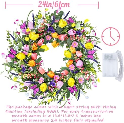 24 Inch Spring & Summer Artificial LED Tulip Wreath with LED Lights, Multicolor, for Easter, Holidays & Celebrations - Image 2