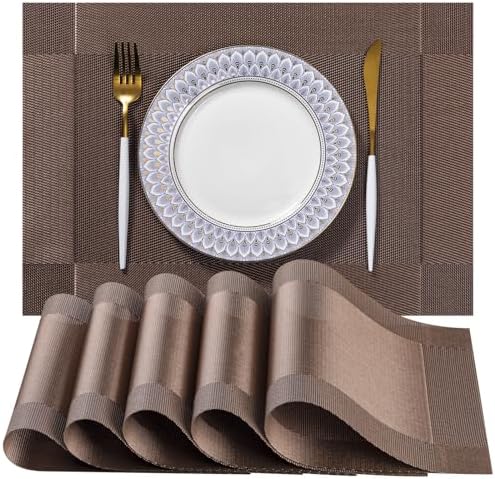 LEXMORE PlaceMats Set of 12 Vinyl/Plastic Woven Place Mats for Kitchen Table Indoor/Outdoor Washable PlaceMat Wipeable Dining Table Mats(Brown Cube) by lexmore