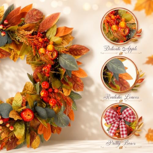 24" Fall Apple Wreath for Front Door, Eucalyptus Leaves Harvest Decor - Image 4