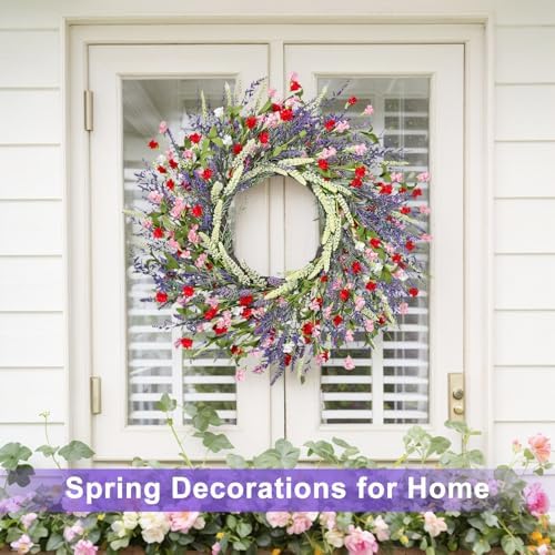 LZNPA 26 Inch Large Lavender Wreath for Front Door Greenery Summer Spring Wreaths for Front Door Wreaths for Front Door All Seasons for Wedding Farmhouse Wall Porch Window Decor(Red Pink Lavender) - Image 3