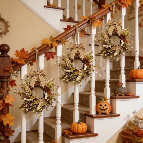 12 Pcs Small Fall Hanging Wreaths with Artificial Autumn Eucalyptus Greenery White Buds Beige Spikes Mini Cabinet Wreath for Home Table Centerpieces Kitchen Farmhouse Thanksgiving Party Decor - Image 6
