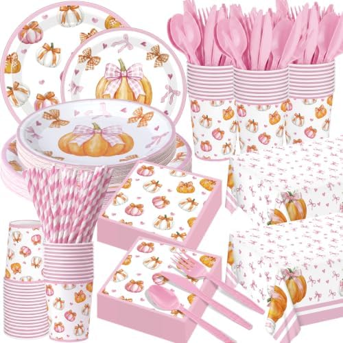 Funnymoom 218 Pcs Fall Pumpkin Party Decorations Paper Plates Serves 24 by Funnymoom